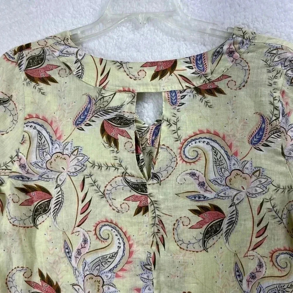 J Jill Love Linen Blouse Yellow Paisley Pattern Split Neck 3/4 Sleeve Size med - Picture 4 of 14